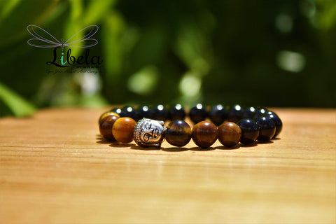 Pulsera Ojo de tigre y Obsidiana con Dije Buda