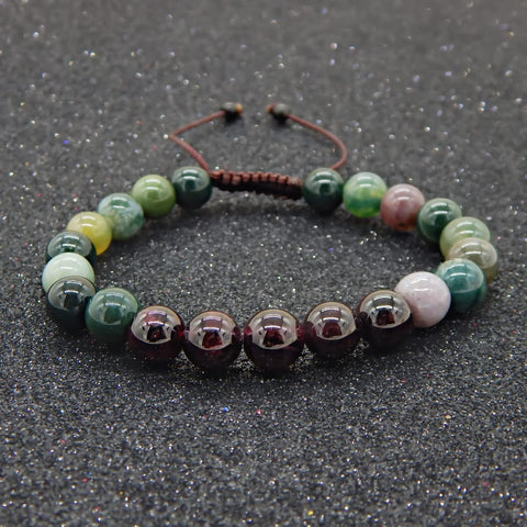 Pulsera de Agata de la India y Granate, Brazalete para Hombre y Mujer en Hilo Encerado, Pulsera de Piedras Naturales