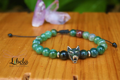 Pulsera Lobo de Piedras Obsidianas y Agata India De 8 Milimetros Pulsera Para Hombre