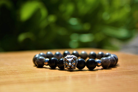 Pulsera Obsidiana y Labradorita Dije Leon Piedras Naturales Libela