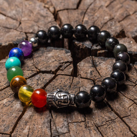 Pulsera 7 Chakras Piedras Naturales con Obsidianas y Dije de Buda Acero Inoxidable