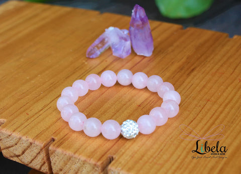 Pulsera Libela de Cuarzo Rosa 10 mm con Dije de Cristal