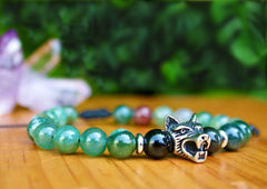 Libela Pulsera Lobo de Piedras Obsidianas y Agata India De 8 Milimetros Pulsera Para Hombre