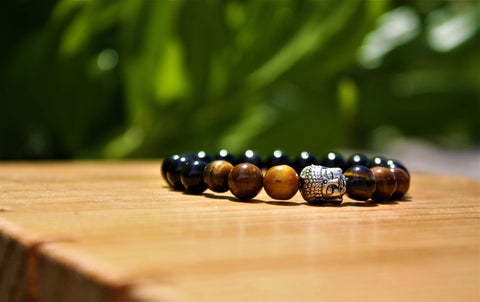 Pulsera Ojo de tigre y Obsidiana con Dije Buda