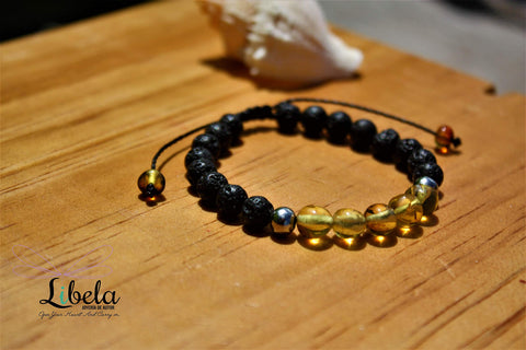 Pulsera Libela de Piedras Volcánicas con Ámbar Natural Acero Inoxidable 6 milímetros