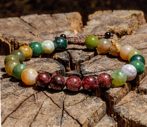 Pulsera de Agata de la India y Granate, Brazalete para Hombre y Mujer en Hilo Encerado, Pulsera de Piedras Naturales