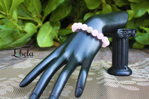 Pulsera Libela de Cuarzo Rosa 10 mm con Dije de Cristal