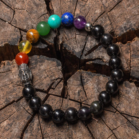 Pulsera 7 Chakras Piedras Naturales con Obsidianas y Dije de Buda Acero Inoxidable