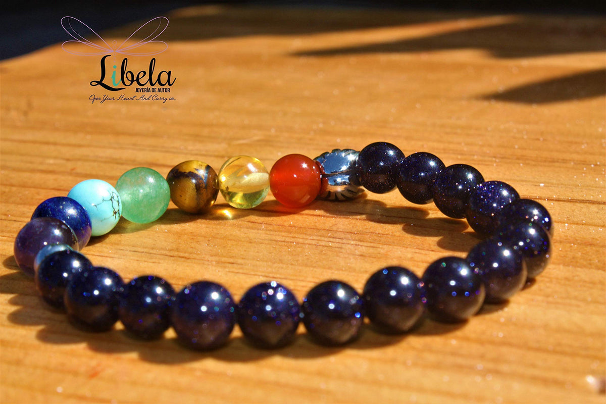 Pulsera de los 7 Chakras con Piedras Semipreciosas Venturina Azul Dije Concha del Mar