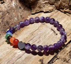 Libela Pulsera de Amatista y 7 Chakras – Dije de Corazon Acero Inoxidable - Joyería Artesanal con Piedras Naturales, para Mujer y Hombre