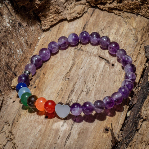 Pulsera de los 7 Chakras con Cuarzo Amatista 6 milimetros y Dije de Corazon Acero Inoxidable