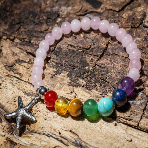 Pulsera de los 7 Chakras con Piedras Semipreciosas Cuarzo Rosa 6 mil’metros y Dije Estrella del Mar