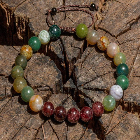 Pulsera de Agata de la India y Granate, Brazalete para Hombre y Mujer en Hilo Encerado, Pulsera de Piedras Naturales